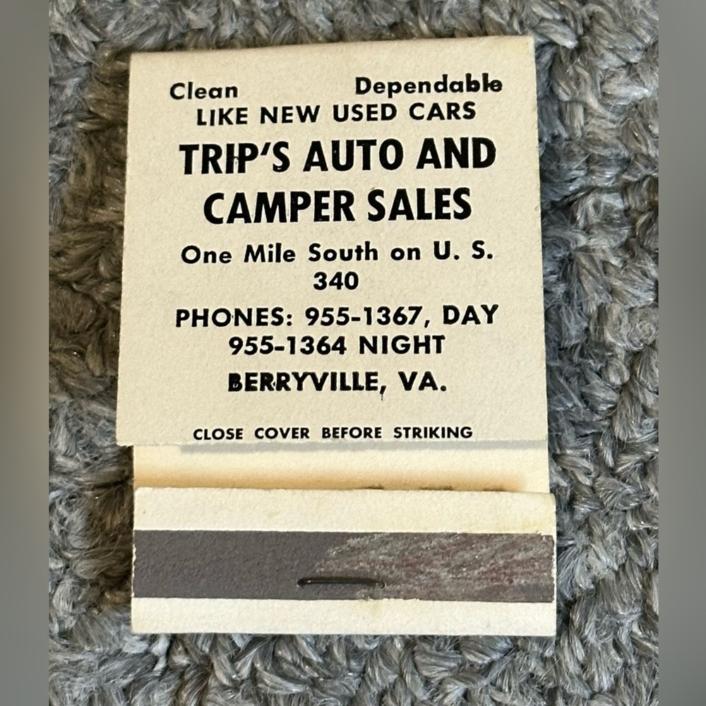 Vintage Matchbook Cover Trips Auto Camper Sales Berryville VA Virginia *POOR CUT